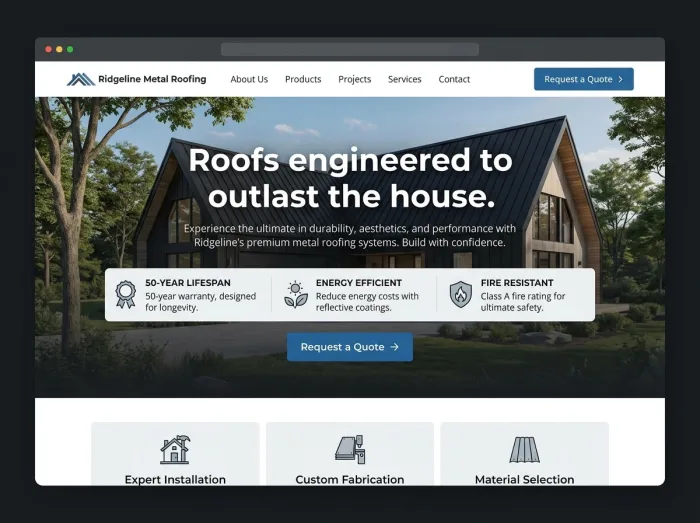 Ridgeline Metal — Roofing website design